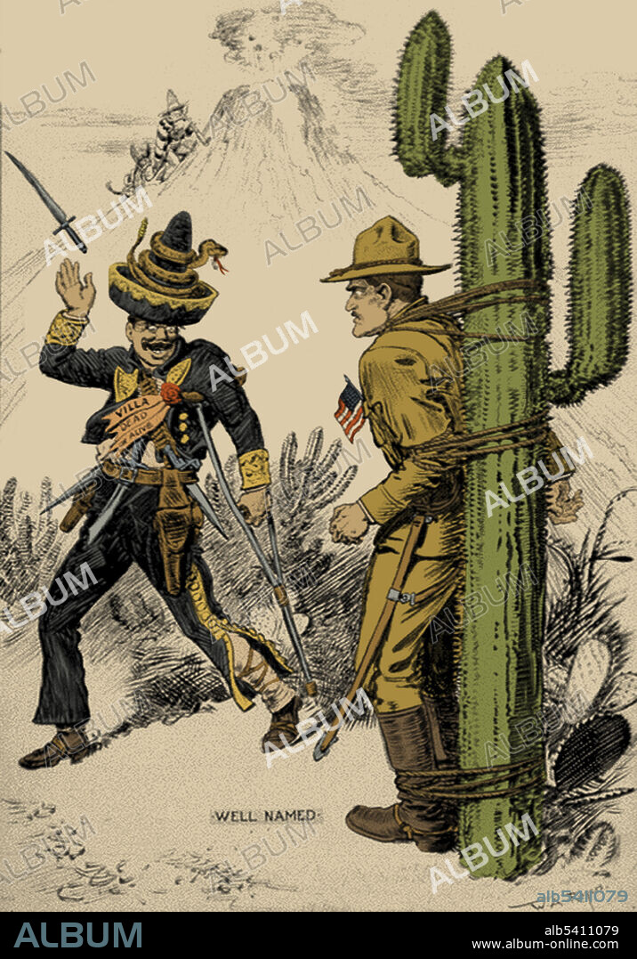 Pancho Villa, dressed in Mexican attire, looking at John Pershing tied to a cactus, with volcano in background. The Pancho Villa Expedition was a military operation conducted by the US Army against the forces of Mexican revolutionary Pancho Villa from March 1916 - February 1917, during the Mexican Revolution of 1910-20. William Allen Rogers, New York Herald, November 26, 1916 (colour-enhanced).