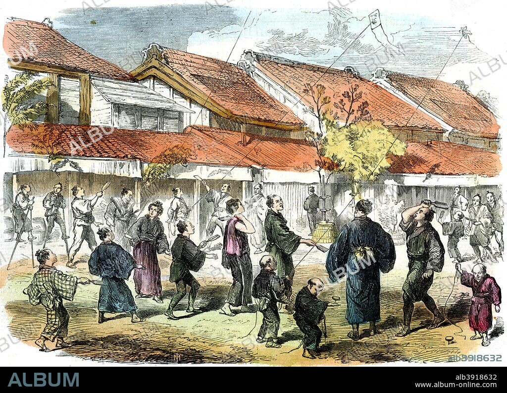 Japanese game of battledore and shuttlecock in the streets of Yokohama, 1865. New Year's Day in Japan. A print from The Illustrated London News, 15th July 1865.