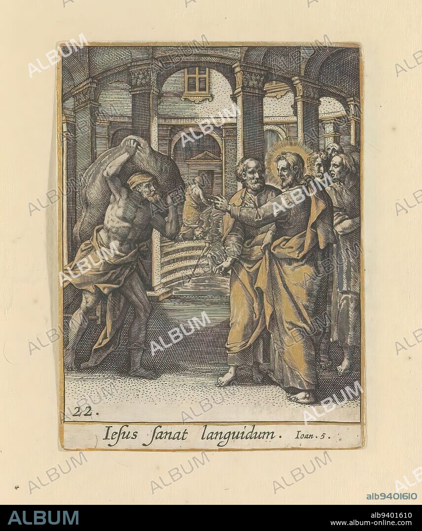 Healing of the man at the bath of Betesda, Vita Iesu Salvatoris varijs iconibus ab Adriano Collaert expressa (series title on object), Healing of the man at the bath of Betesda. Part of the print series on the life of Christ: Vita Iesu Salvatoris varijs iconibus ab Adriano Collaert expressa. In print album with two series of 34 and 25 engravings, respectively, depicting scenes from the life and Passion of Christ., print maker: Adriaen Collaert, after print by: Jacques de Bie, after drawing by: Maerten de Vos, Antwerp, c. 1580 - c. 1590, paper, engraving, height 85 mm × width 66 mm.