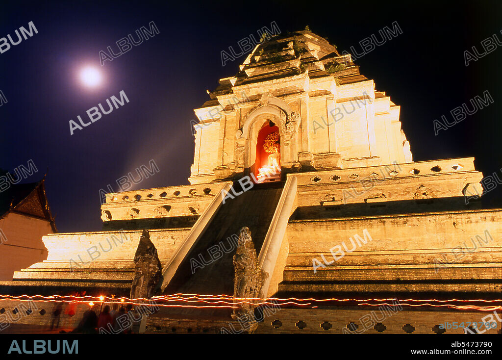 Magha Puja or Makha Bucha is an important religious festival celebrated by Buddhists in Thailand, Cambodia, and Laos on the full moon day of the third lunar month (this usually falls in February). The third lunar month is known in the Thai language as Makha (Pali: Magha); Bucha is also a Thai word (Pali: Puja), meaning 'to venerate' or 'to honor'. As such, Makha Bucha Day is for the veneration of Buddha and his teachings on the full moon day of the third lunar month. Wat Chedi Luang translates literally from the Thai as Monastery of the Great Stupa. Construction of the temple began at the end of the 14th century when the Lan Na Kingdom was in its prime. King Saen Muang Ma (1385-1401) intended it as the site of a great reliquary to enshrine the ashes of his father, King Ku Na (1355-85). Today it is the the site of the Lak Muang or City Pillar. The annual Inthakin ceremony occurs within the confines of the temple. Chiang Mai (meaning 'new city'), sometimes written as 'Chiengmai' or 'Chiangmai', is the largest and most culturally significant city in northern Thailand. King Mengrai founded the city of Chiang Mai in 1296, and it succeeded Chiang Rai as capital of the Lanna kingdom.