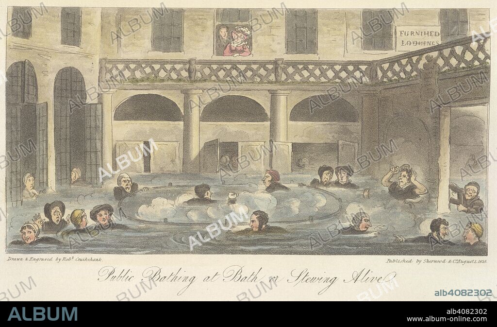 The King's bath. The English Spy: an original work, characteristic,. Sherwood, Jones & Co.: London, 1825, 26. Public bathing at Bath, or stewing alive'.  Image taken from The English Spy: an original work, characteristic, satirical, and humorous. Comprising scenes and sketches in every rank of society, being portraits of the illustrious, eminent, eccentric, and notorious. Drawn from the life by Bernard Blackmantle [pseudonym of Charles Molloy Westmacott]. The illustrations designed by Robert Cruikshank.   Originally published/produced in Sherwood, Jones & Co.: London, 1825, 26. . Source: C.58.g.15 volume II, opposite 372. Language: English.