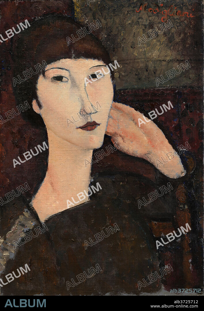 AMEDEO MODIGLIANI. Adrienne (Woman with Bangs). Dated: 1917. Dimensions: overall: 55.3 x 38.1 cm (21 3/4 x 15 in.)  framed: 71.4 x 54.6 x 6.3 cm (28 1/8 x 21 1/2 x 2 1/2 in.). Medium: oil on linen.