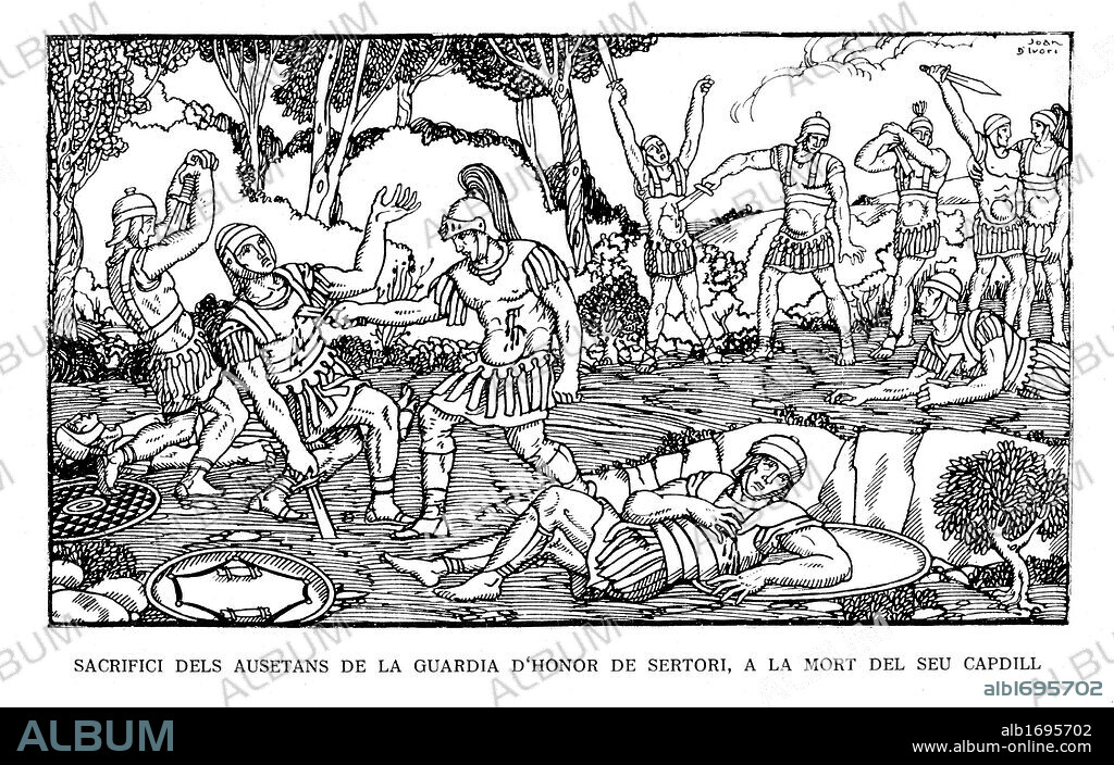 Sacrificio de los ausetanos de la guardia de Sertorio a la muerte de su caudillo. Historia popular de Catalunya, de Alfons Roure. Editada en Barcelona, 1919. Dibujo de Joan Vila i Pujol (Joan d'Ivori) (Barcelona, 1890-1947).