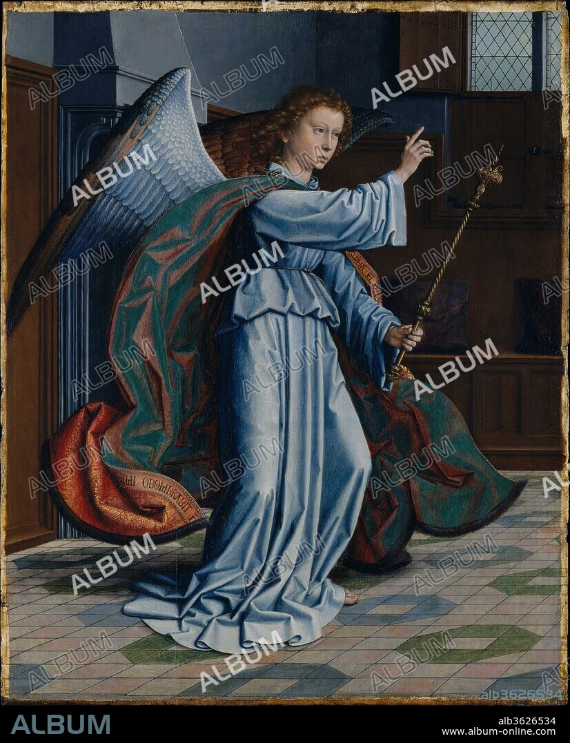 GERARD DAVID (PEINTRE FLAMAND). The Annunciation. Artist: Gerard David (Netherlandish, Oudewater ca. 1455-1523 Bruges). Dimensions: Angel, overall 31 1/8 x 25 in. (79.1 x 63.5 cm), painted surface 30 1/4 x 24 3/8 in. (76.8 x 61.9 cm); Virgin, overall 31 1/8 x 25 1/4 in. (79.1 x 64.1 cm), painted surface 30 1/2 x 24 3/4 in. (77.5 x61.9 cm). Date: 1506.

These panels were part of a spectacular multi-storied polyptych commissioned by Vincenzo Sauli, a wealthy Italian banker and diplomat with connections to Bruges, for the high altar of the Benedictine abbey church of San Gerolamo della Cervara, near Genoa. Taking the placement of the Annunciation within the altarpiece into account, David has altered the perspective and the scale of the figures, since both panels were meant to be viewed from below. In style, the ensemble reveals a synthesis of northern and Italian artistic modes that perhaps reflect the patron's ties to both regions.