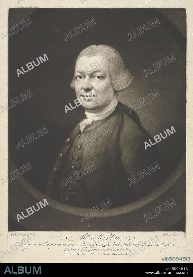 Mr. John Joshua Kirby, John Dixon, ca. 17401811, Irish, after Thomas Gainsborough RA, 17271788, British, Published by William Wynne Ryland, 17321783, British, and Henry Bryer, died in or before 1782, British, between 1765 and 1771, Mezzotint on moderately thick, slightly textured, beige laid paper, Sheet: 18 3/8 x 12 inches (46.7 x 30.5 cm), Plate: 14 1/16 x 9 15/16 inches (35.7 x 25.2 cm), and Image: 12 1/2 x 9 15/16 inches (31.7 x 25.2 cm), artist, author, buttons, cravat, designer, gaze, man, middle-aged, oval, perspective, portrait, posing, solemn, wig.