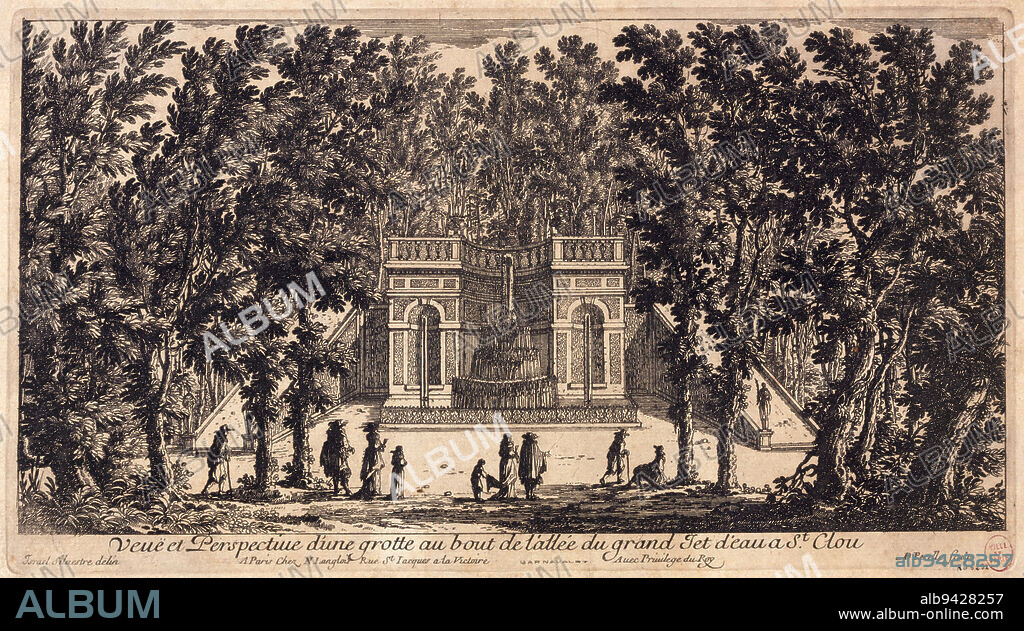 Veuë et Perspective d'une grotte au bout de l'allée du grand Jet d'eau a St. Clou, Pérelle, Adam, Graveur, Silvestre, Israël, Dessinateur, Langlois, Nicolas 1er, Editeur, Vers 1660, 3rd quarter of the 17th century, Graphic arts, Paris, Paris, Paris, Height: 14.3 cm, Width: 25.7 cm.
