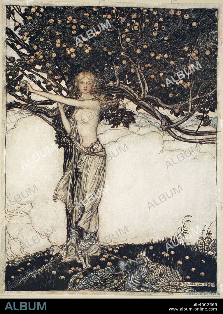 'Freia, the fair one', 1910. Illustration from The Rhinegold and the Valkyrie. Freia, Fricka's sister, with her golden apple tree in the garden. From Das Rheingold. From a private collection.