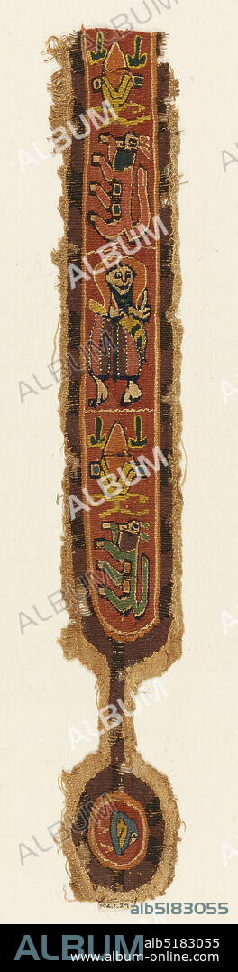 Clavus band, Medium: Warp; S-spun, two ply Z-twist linen. Wefts; Z-spun linen, S-spun wools., Band with attached ovate medallion. Design of animals and figure with a nimbus., 6th7th century, woven textiles, Clavus band.