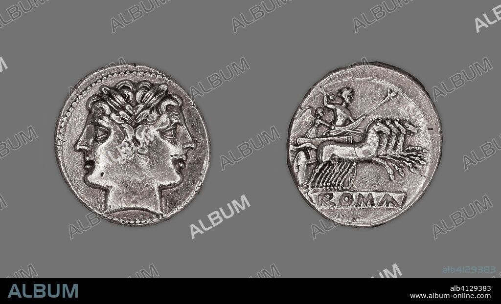 ANCIENT ROMAN. Didrachm (Coin) Depicting the Dioscuri (Castor and Pollux). Roman, minted in Rome (uncertain). Date: 225 BC-214 BC. Dimensions: Diam. 2.3 cm; 6.62 g. Silver. Origin: Capua.