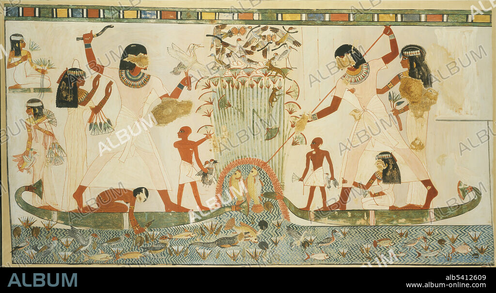 Egyptian tomb scene, illustration. This scene shows a hunting scene for fish and fowl on the Nile, as depicted on the walls of the tomb of Menna. It dates from the New Kingdom (Dynasty 18), during the reign of Thutmose IV to Amenhotep III, in around 1400-1352 BC. This tomb is in Thebes, Upper Egypt. At left, Menna holds decoy birds in one hand and raises a throwstick above his head with the other. On the right, he uses a long spear to catch two large fish, most likely Tilapia. In both vignettes, he is poised on the deck of a papyrus skiff, into which members of his family (unnamed here, but probably his wife and several of his children) have crowded. Wildlife includes birds, fish and a crocodile. Symbols of fertility include lotuses. Symbolically, Menna helps to guarantee daily cycles of creation and his own regeneration and rebirth. This illustration (tempera on paper) was produced in 1924 by Egyptologist Nina de Garis Davies (1881-1965) on an expedition for the Metropolitan Museum of Art.