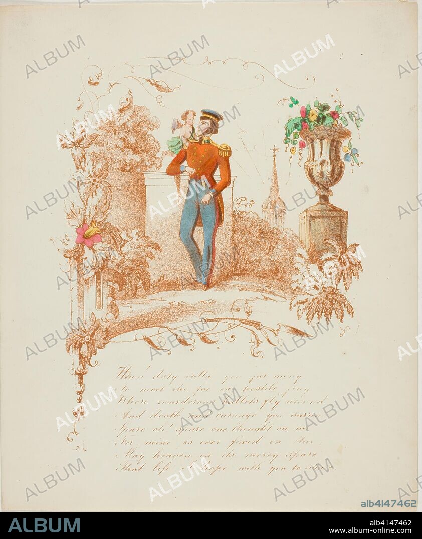 When Duty Calls You Far Away (valentine). Unknown Artist; English, 19th century. Date: 1837-1847. Dimensions: 227 × 187 mm (folded sheet). Lithograph in brown ink with hand-coloring on ivory wove paper. Origin: England.