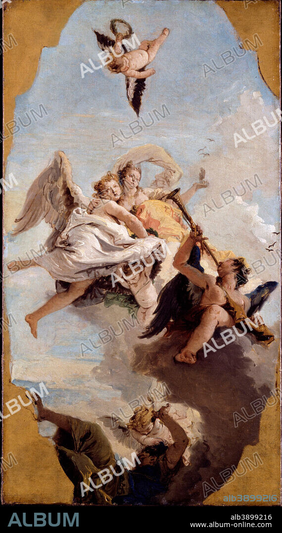 GIOVANNI BATTISTA TIEPOLO. Virtue and Nobility putting Ignorance to Flight. Date/Period: Ca. 1743. Painting. Oil on canvas. Height: 642 mm (25.27 in); Width: 356 mm (14.01 in).