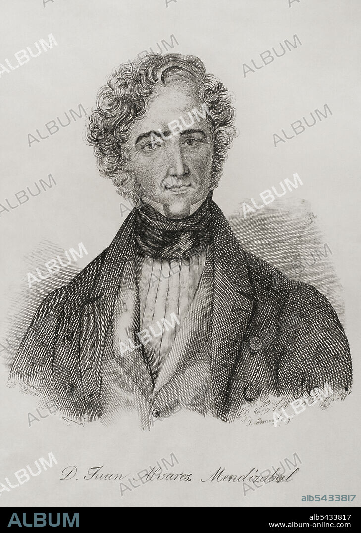 JOSÉ GÓMEZ. SPANISH ENGRAVER. Juan Alvarez de Mendizábal (1790-1853). Spanish politician and financier who had great importance in the Spanish liberal Revolution. He was appointed Minister of Finance in July 1835 by the Count of Toreno, from which he promoted the confiscation of the confiscation of Catholic Church's properties. Portrait. Engraving by José Gómez. Panorama Español, Crónica Contemporánea. Volume III. Madrid, 1845.