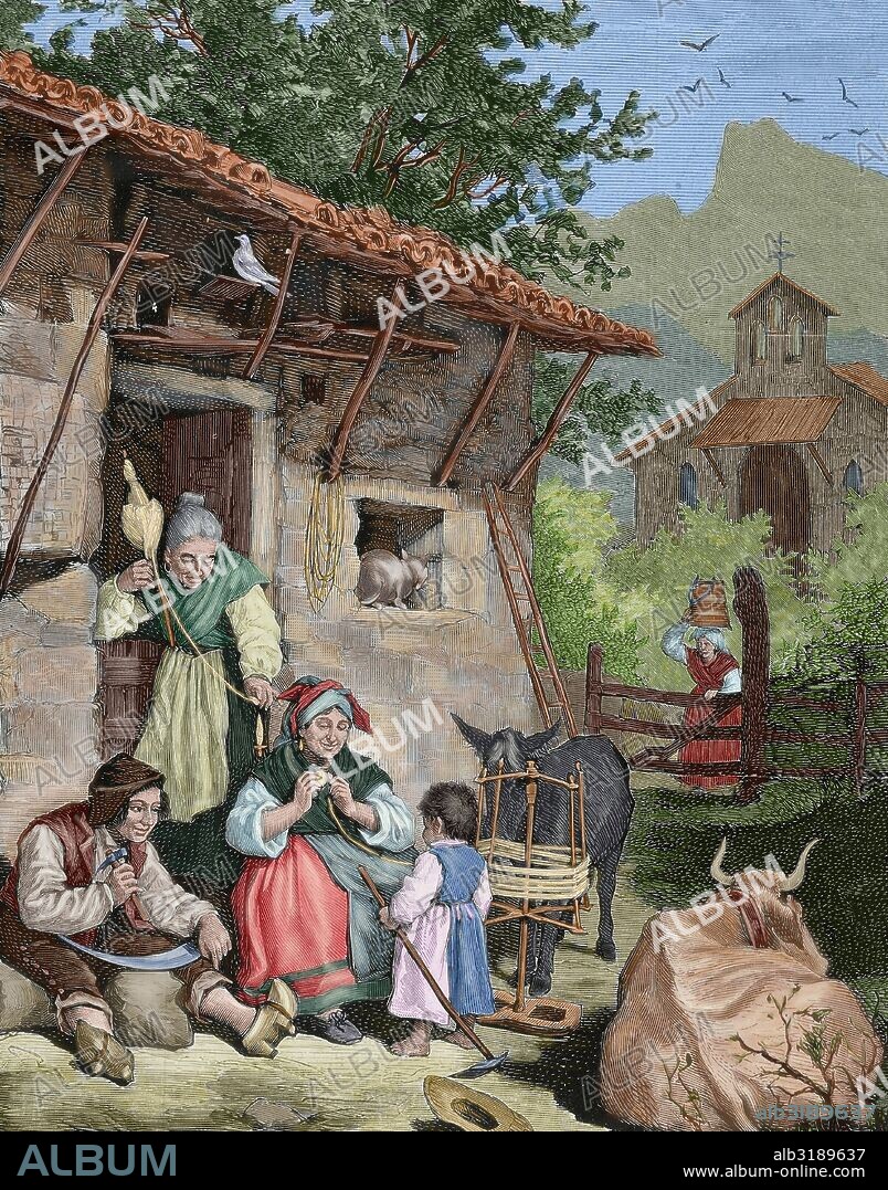 SOCIEDAD ESPAÑOLA SIGLO XIX. TIPOS Y COSTUMBRES DE ASTURIAS. "CAMPESINOS DESCANSANDO EN EL CORTIJO" Grabado de "La Ilustración Española y Americana". Siglo XIX. Coloreado.