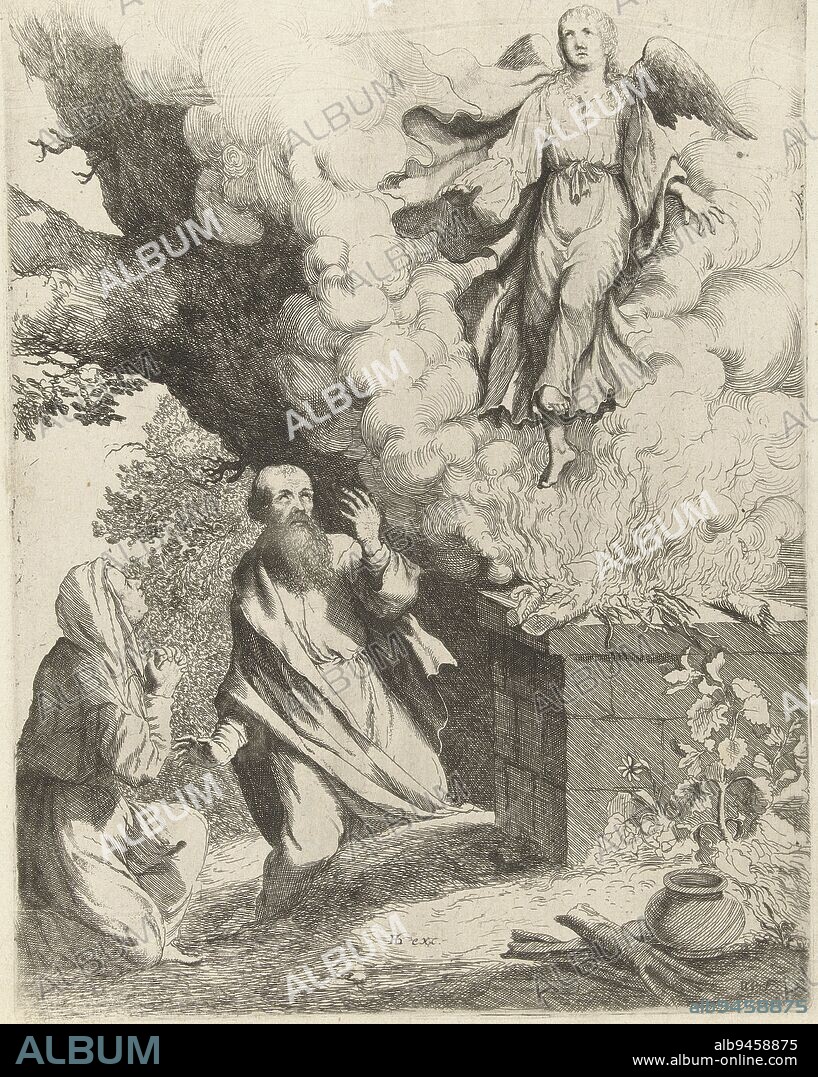 Manoah and his wife kneel on the ground while the angel who foretold them the birth of Simon ascends to heaven in the smoke of Manoah's sacrifice., Manoah's sacrifice, print maker: Willem Basse, (mentioned on object), publisher: Hendrick Hondius (I), (mentioned on object), Amsterdam, 1633 - 1672, paper, etching, h 265 mm × w 200 mm.
