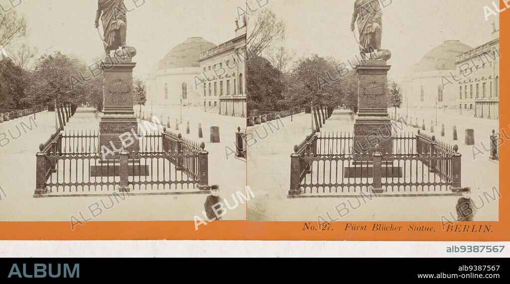 Statue of Field Marshal Gebhard Leberecht von Blücher in Berlin, Fürst Blücher Statue. Berlin (title on object), Ansichten von Deutschland, Berlin und Potsdam (series title on object), Johann Friedrich Stiehm (mentioned on object), Christian Daniel Rauch, Berlin, 1868 - 1870, cardboard, paper, albumen print, height 86 mm × width 176 mm.