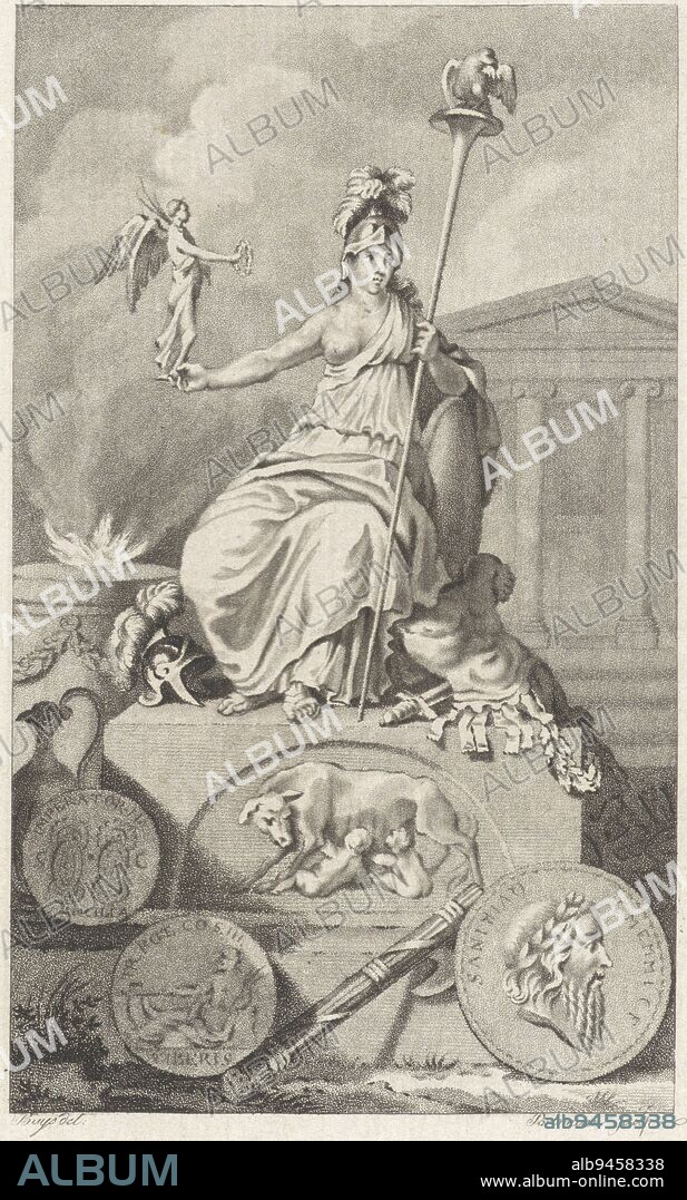 The personification of the city of Rome sits on a platform with a small statue of Victoria in her hands. On the base is depicted Romulus and Remus with the wolf. Next to her, a fire burns on a sacrificial pillar. Allegory of Roman History Title page for: M. Stuart, Roman Histories, 1793, print maker: Ludwig Gottlieb Portman, (mentioned on object), intermediary draughtsman: Jacobus Buys, (mentioned on object), Utrecht, 1793, paper, etching, h 206 mm × w 124 mm.