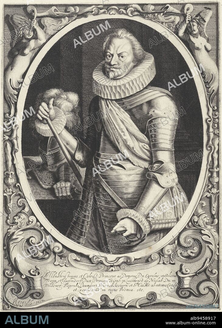 Portrait of Charles, Prince of Liechtenstein, Duke of Troppau and Jägerndorf, Lord of Feldberg, print maker: Jan van de Velde (II), publisher: Jan van de Velde (II), (mentioned on object), Northern Netherlands, 1622 - 1627, paper, engraving, h 285 mm × w 204 mm.