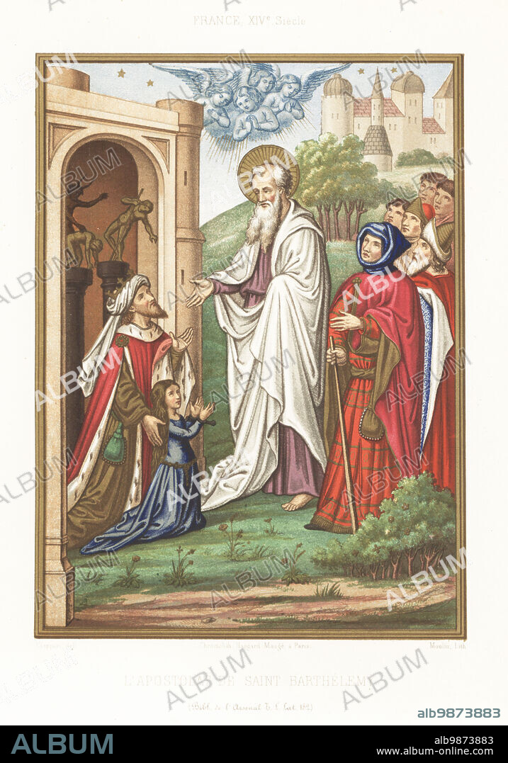 Bartholomew the Apostle. A king in crown and ermine robes kneels before Saint Bartholomew with halo. Behind them, statues of Satan throwing naked figures into hell. From a missal made for Denis du Moulin, Bishop of Paris, MS 182, Bibliotheque de l'Arsenal. France XIVe Siecle. L'apostolat de Saint Barthelemy. Chromolithograph by Moulin after an illustration by Claudius Joseph Ciappori from Charles Louandres Les Arts Somptuaires, The Sumptuary Arts, Hangard-Mauge, Paris, 1858.