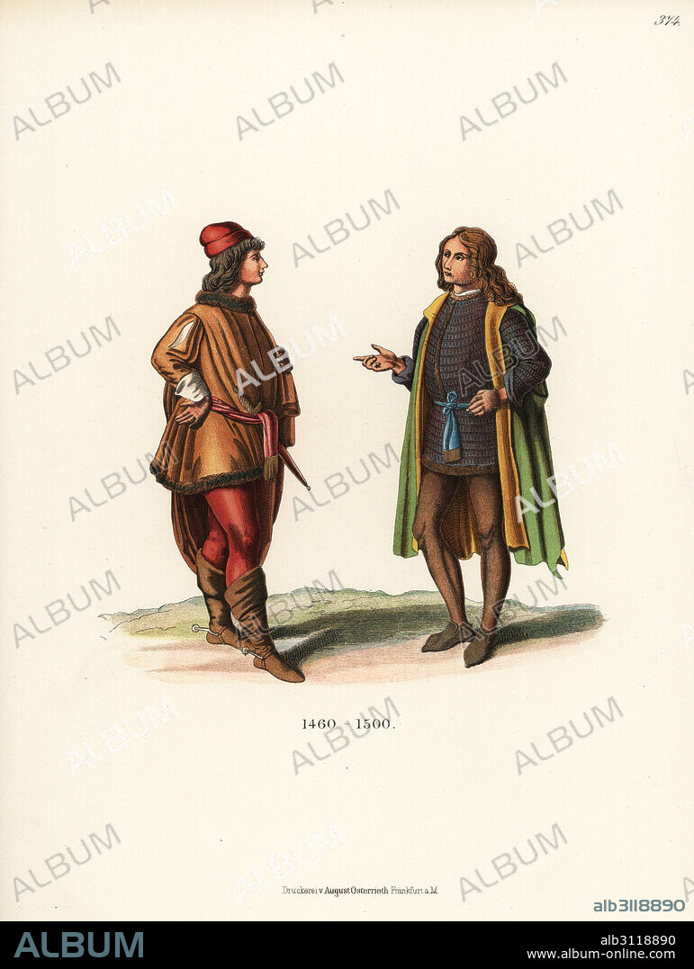 Italian mens fashions from the late 15th century. Nobleman in fur-lined tunic over hose and boots, left, from Saint Barbara by Matteo di Giovanni in the Basilica of San Domenico, Siena. Nobleman in cape, tunic and hose right from a fresco in the church of Saint Catherine, Uffizi. Chromolithograph from Hefner-Alteneck's Costumes, Artworks and Appliances from the Middle Ages to the 17th Century, Frankfurt, 1889. Dr. Hefner-Alteneck (1811 - 1903) was a German museum curator, archaeologist, art historian, illustrator and etcher.
