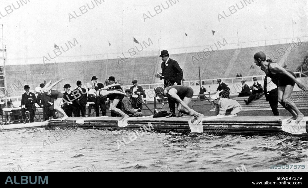 Olympic Games 1908. Final of the 200 metres breaststroke in the swimming pool, set in the middle of the athletics arena, Shepherds Bush, London. The Olympic Games page 74.