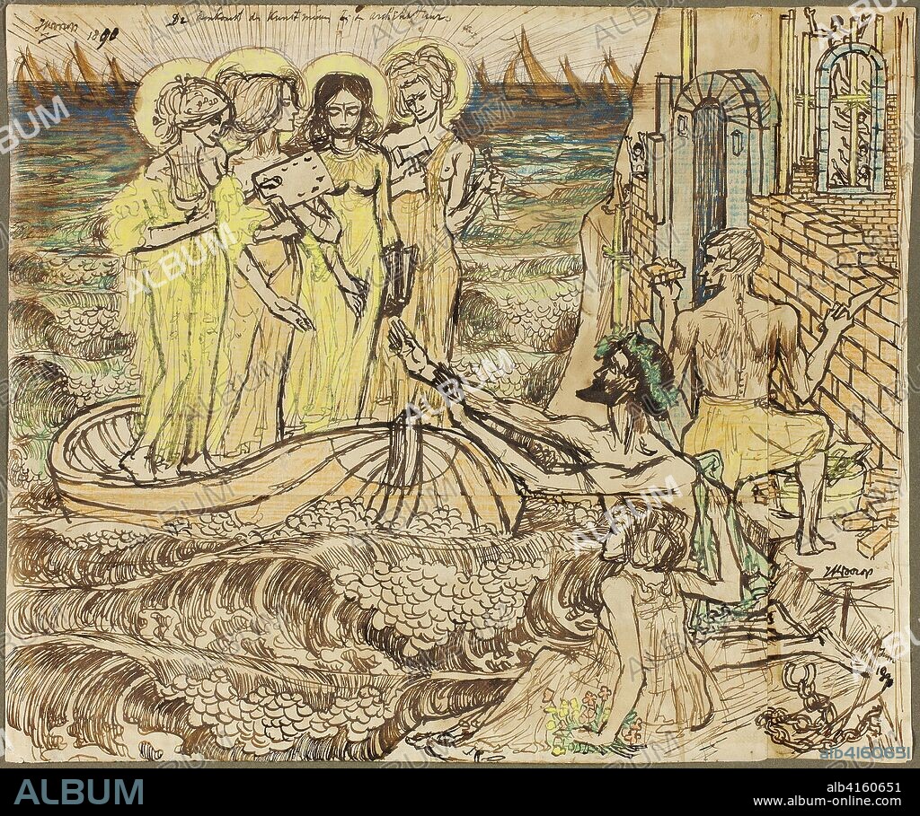 The Arrival of the Muses of Art at Architecture. Jan Toorop; Dutch, 1858-1928. Date: 1890. Dimensions: 206 x 248 mm. Pen and brown ink and colored crayons on cream wove paper (discolored to buff), pieced. Origin: Netherlands.