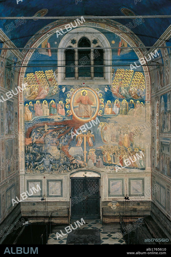 The Last Judgement, by Giotto, 1303-1305 about, 14th Century, fresco, cm 1000 x 840. Italy, Veneto, Padua, Scrovegni Chapel. All. Last Judgment. Painting on the counterfacade of the chapel. It shows the top point of the symbolic and moral program, the way to the safety, developped in the whole cycle of frescoes.