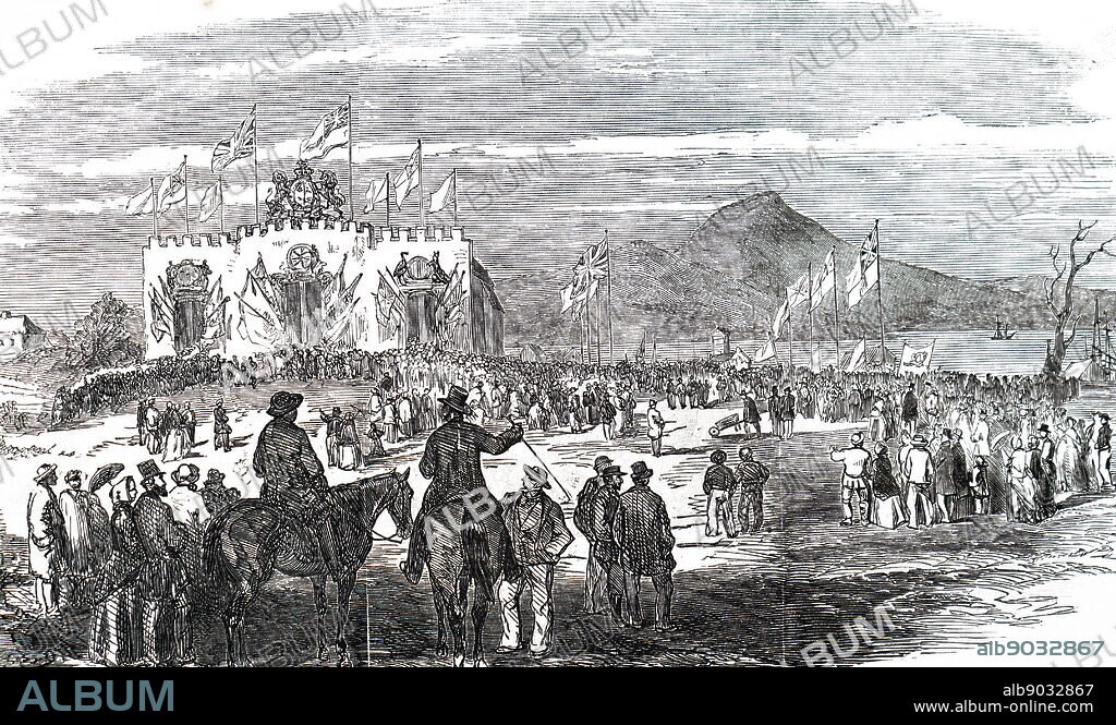 Engraving depicting the laying of the foundation stone of Geelong Train Station. Dated 19th century.