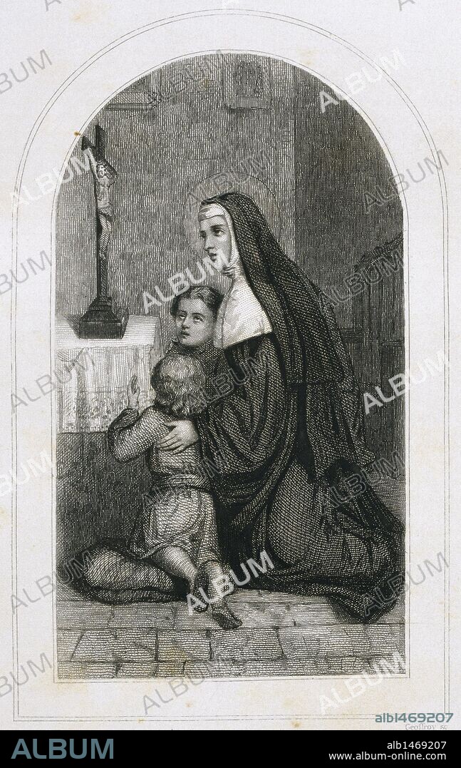 SANTA RITA DE CASIA O SANTA RITA DE CASCIA (1381-1457). Religiosa italiana de la Orden de San Agustín, en la que ingresó tras la muerte de su esposo e hijos. Siglos XIV-XV. Grabado del siglo XIX.