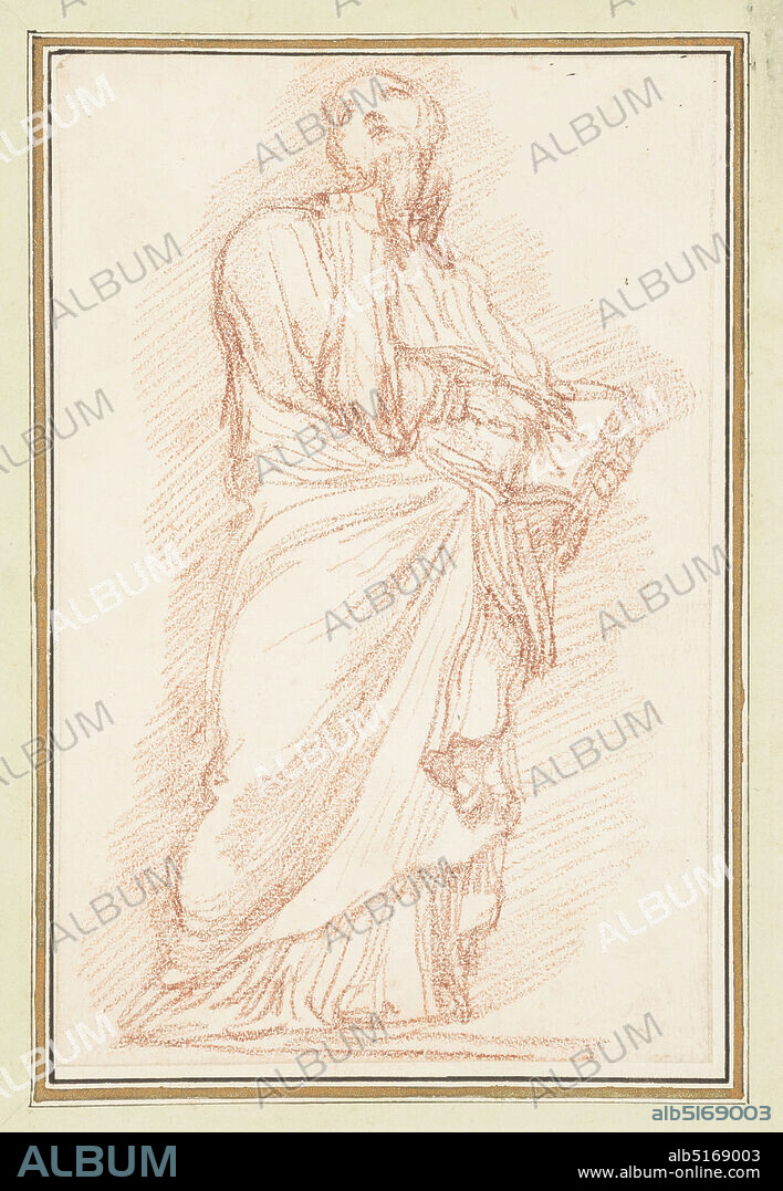 St. Ignatius Loyola from St. Peter's colonnade, Giovanni Maria de Rossi, Jean-Robert Ango, French, active in Rome 1759 1770, d. 1773, Red chalk on paper, Drawing after statue by Giovanni Maria de Rossi of St. Ignatius Loyola on the Northeast Colonnade. Standing robed figure holds a book in his left hand and points to it with his right, but looks upward and to the right., France, ca. 175970, figures, Drawing, Drawing.