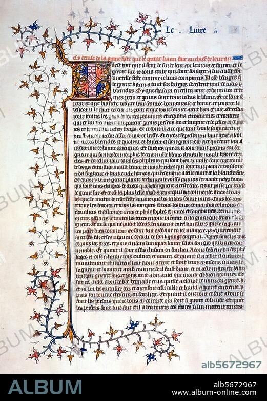 ANONYMOUS. The Travels of Marco Polo or Book of the Marvels of the World. (Italian: Il Milione), 13th Century travelogue written by Rustichello da Pisa from stories told by Italian explorer Marco Polo, describing Polo's travels through Asia between 1271 and 1295, and his experiences at the court of Kublai Khan. Illuminated Manuscript, French, 1375. Manuscript page with illuminated initial "I". From: "Livre des merveilles" (Book of the Marvels of the World). Ms. français 2810, Paris, Bibliothèque Nationale.