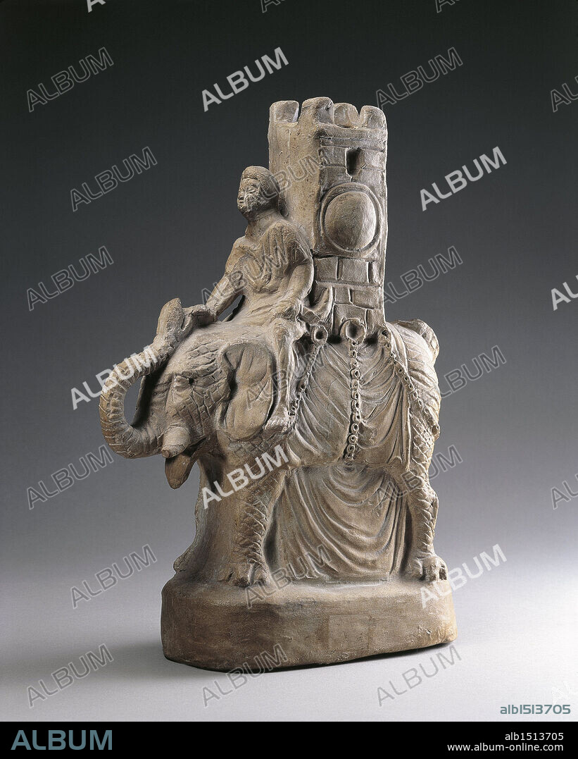 Roman Art - 2nd-1st century b.C. - Pompeii - Statue depicting a Moor riding an elephant with a turret upon his back - Beige clay with white engobes.
