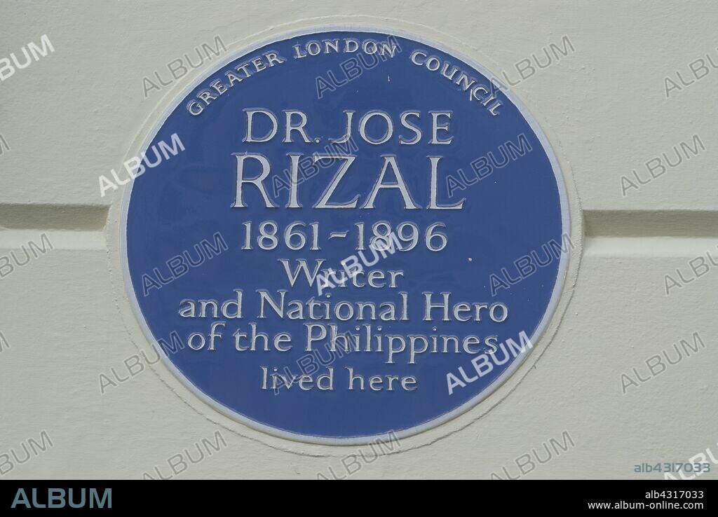 Primrose Hill. Blue plaque commemorating the residence of Dr Jose Rizal, the 19th century writer and national hero of the Philippines, Primrose Hill, London, NW1, England.