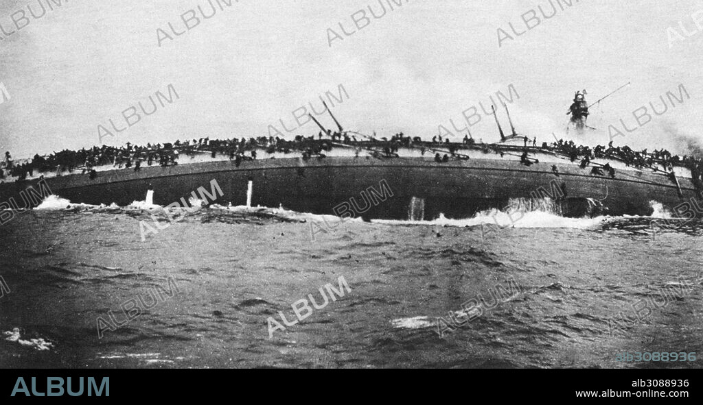 WWI: BATTLE OF DOGGER BANK.THe sinking of the German cruiser 'S.M.S. Blücher,' during the Battle of Dogger Bank, 24 January 1915.