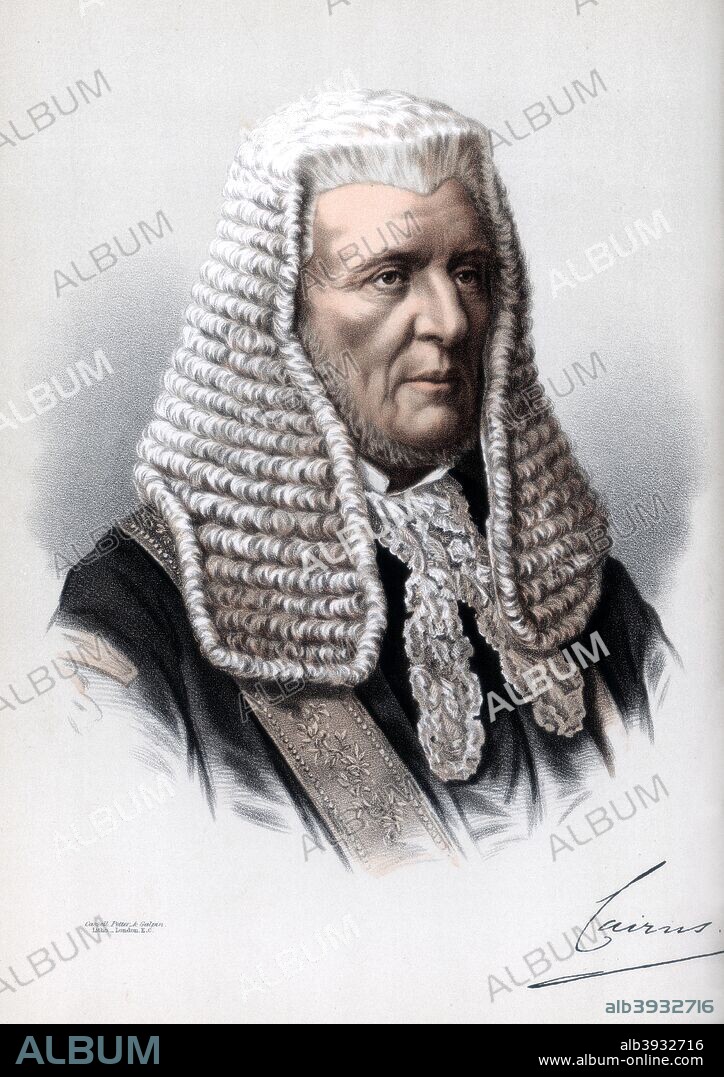 Hugh McCalmont Cairns, 1st Earl Cairns, Lord Chancellor of Great Britain, c1890. Born in Ireland, Cairns (1810-1885) entered Parliament as a member for Belfast in 1852. A lawyer, he was appointed Solicitor-General in 1858, and in Disraeli's short-lived Conservative government of 1868, Cairns served as Lord Chancellor, a position he again held in Disraeli's second administration between 1874 and 1880. He was made 1st Earl Cairns in 1878. A lithograph from The Modern Portrait Gallery, Cassell, Petter and Galpin, London, Paris and New York, c1890.