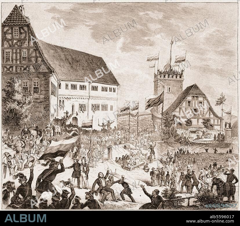 ANONYM. Revolution 1848/49. "Freiheitsfest der deutschen Studenten auf der Wartburg" (12. Juni 1848). Holzstich, um 1880, nach zeitgenössischer Darstellung.