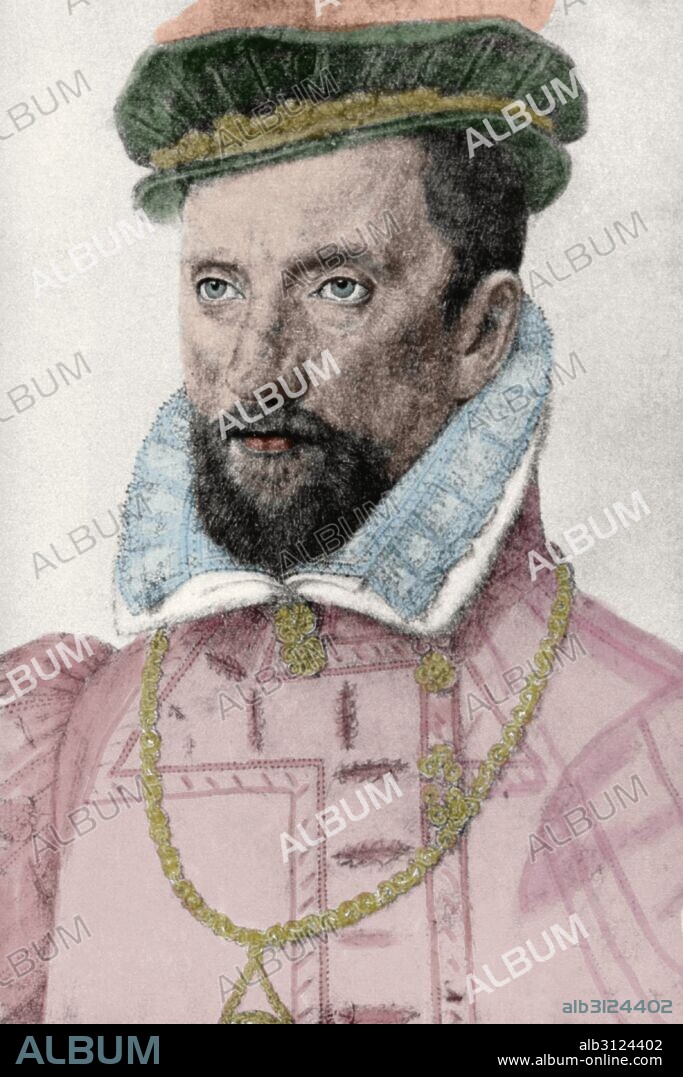 COLIGNY, Gaspard de Châtillon, conde de Châtillon sur-Loing,1519-París,1572). Almirante francés. Combatió en la batalla de San Quintín donde fue derrotado (1557). Se identificó con la causa de los Hugonotes y al estallar las guerras de Religión combatió contra el partido católico. Durante la matanza general de la Noche de San Bartolomé fue asesinado. Dibujo de François Clouet. Coloreado.
