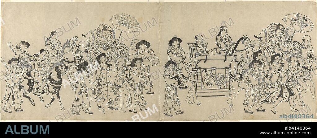 Arrival of the Korean Embassy in Edo. Torii Kiyonobu I; Japanese, 1664-1729. Date: 1704-1714. Dimensions: 28 x 36.5 cm (11 1/24 x 14 3/8 in.). Woodblock print; oban sumizuri-e, 1 of 6 sheets from a 12-sheet composition (see 1925.2334a-f). Origin: Japan.
