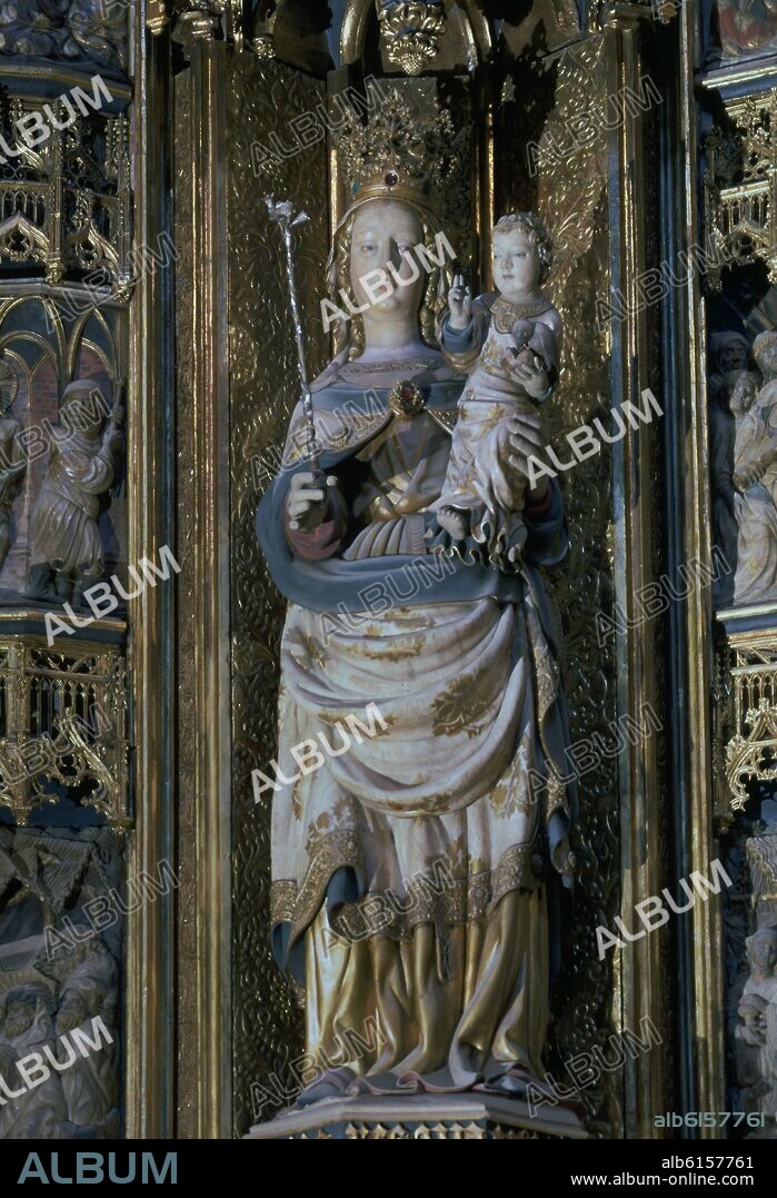 PERE JOHAN (1394/97->1458) PERE JOAN. DETALLE DE LA VIRGEN EN EL RETABLO MAYOR DE LA CATEDRAL DE TARRAGONA - SIGLO XV - ALABASTRO POLICROMADO - GOTICO CATALAN.