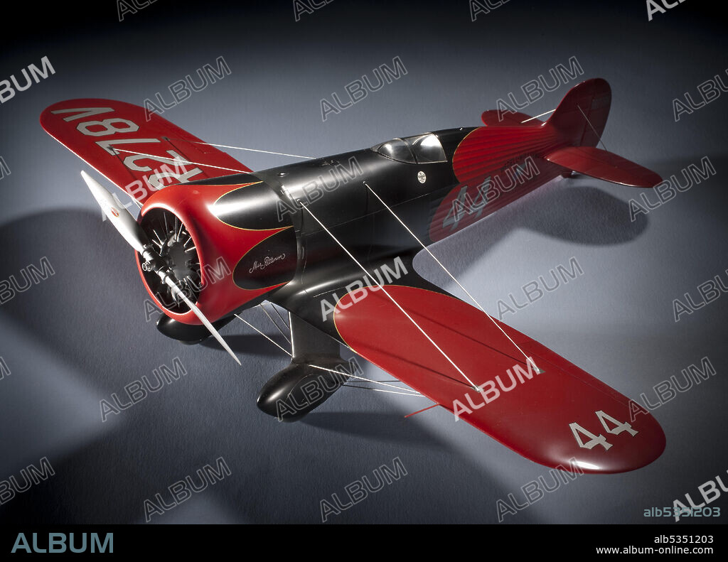 JOHN S. ALCORN. Model, Static, Wedell-Williams #44, 1978. Plastic vacu-formed display model of the Wedell Williams #14 1934 Bendix Trophy race winner aircraft, built in the 1930s. In black and red color scheme. 1/16 scale.