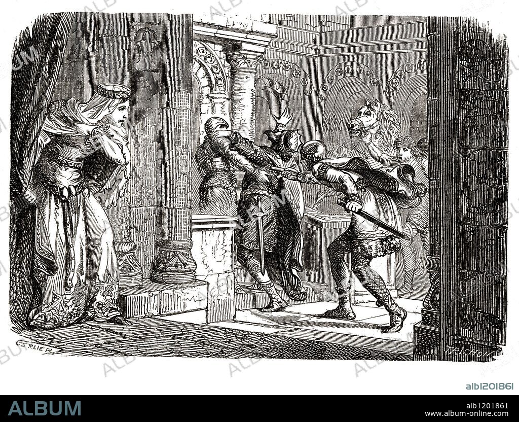Chilperico I (539-584), Rey de los francos de Neustria, hijo de Clotario I. Asesinado en el año 584, heredó el reino su hijo Clotario II a los cuatro meses de edad. Grabado de 1866.