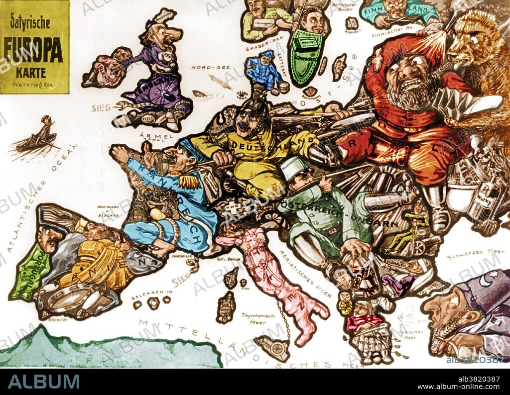 Entitled: Satyrische Europa Karte Weltkrieg 1914. Sketch depicting a map of Europe at the outbreak of the first World War with each country depicted as a human figure representative of the particular state of affairs or attitudes of the country, for instance, Germany is depicted as a soldier fighting with both Russia and France, while eyeing England.