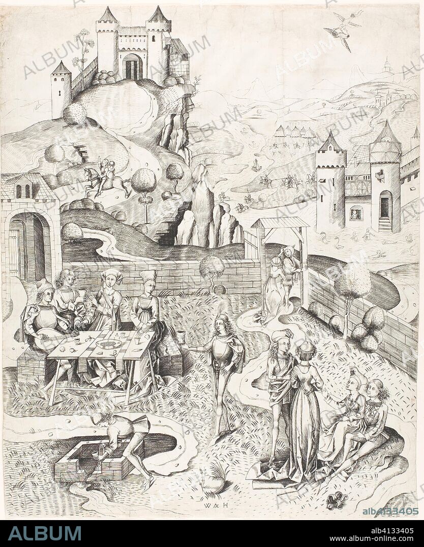MASTER W A H. The Garden of Love. Master W. A. H.; German, active c. 1480-90. Date: 1480-1490. Dimensions: 366 × 293 mm (sheet trimmed within plate mark). Engraving in black on ivory laid paper. Origin: Germany.
