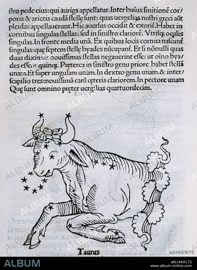 "TAURO". Constelación zodiacal. Grabado de la obra "ASTRONOMICON", del escritor hispano-latino Cayo Julio HIGINIO (siglo I d. C.). Editada en Venecia en el año 1485. Incunable.