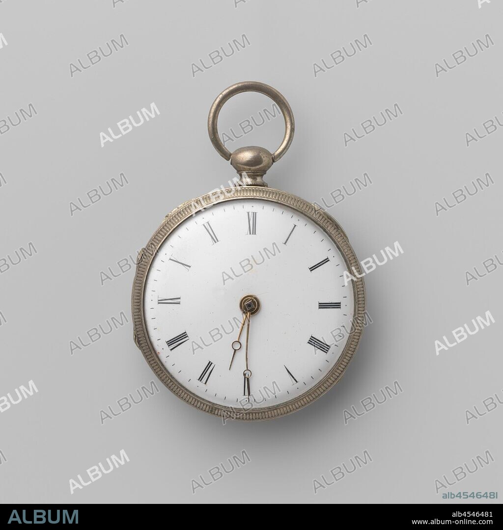Silver watch, with spindle movement and white enamelled dial. The back bottom is guilloche except for a medallion with tendrils and leaf ornament., anonymous, France (possibly), c. 1865, silver (metal), engine turning, d 4.6 cm × h 6.6 cm × w 4.6 cm × d 1.4 cm.