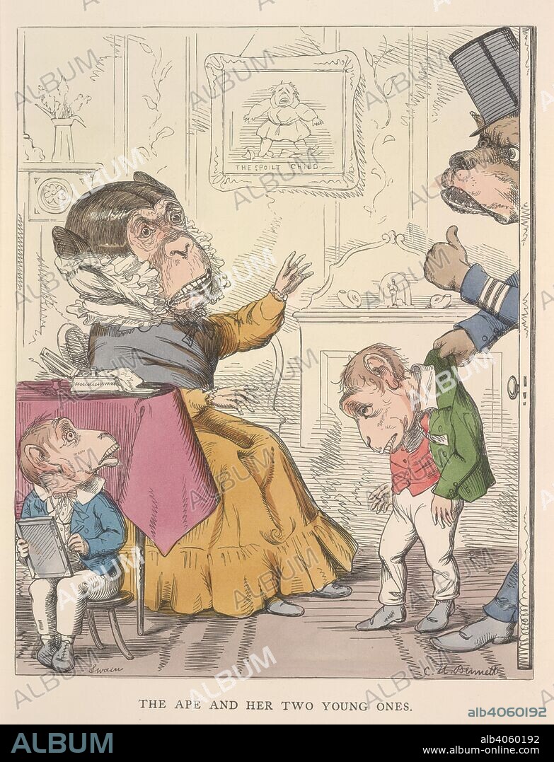 AESOP, C. H BENNETT and J SWAIN. The ape and her two young ones. The Fables of Ã†sop and others. Translated into hum. W. Kent & Co.: London, 1857. A mother ape, and her two 'sons'. The spoiled son is caught by a watch-dog for stealing. The neglected son quietly reads his book.  Image taken from The Fables of Ã†sop and others. Translated into human nature, designed and drawn on the wood by Charles H. Bennett, etc.  Originally published/produced in W. Kent & Co.: London, 1857. . Source: 12305.g.11, opposite 6. Language: English.