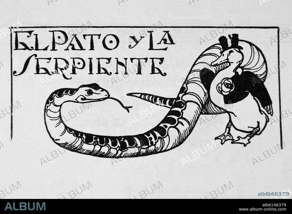 PEDRO MUGURUZA. EL PATO Y LA SERPIENTE - DIBUJO PARA LA FABULA DE IRIARTE - 1915.