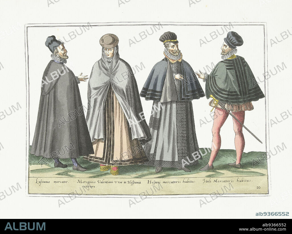 Three men and a woman dressed according to foreign fashions, ca. 1580, Modes étrangères (title on object), Three men and a woman dressed according to fashions in Portugal, Spain and Italy, ca. 1580. Part of the series Habitus Variarum Gentium, costume prints in facsimile, planche 10., print maker: anonymous, Abraham de Bruyn, print maker: Belgium, publisher: Brussels, 1872 - 1875, paper, height 274 mm × width 360 mm.