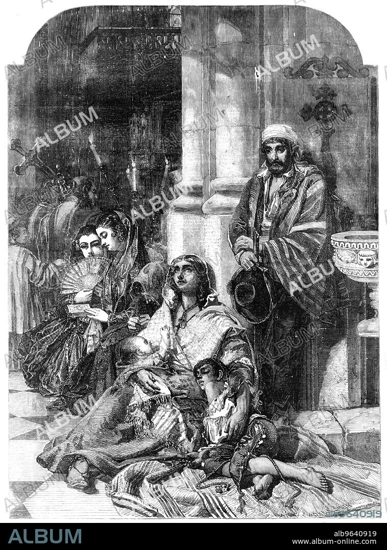 HARVEY ORRIN SMITH. And the Prayer of Faith Shall Save the Sick - painted by J. Phillip - from the Exhibition of the Royal Academy, 1856. Engraving of a painting representing '...the interior of a church in Spain...Very seldom indeed has sincerity of religious sure and certain hope been more faithfully depicted. Mark the skilful contrasts in the picture. Observe, also, the well-sustained and well-subdued tone of colour throughout. A yoeng lady not inaptly described it, in our hearing, as "A Cabinet Altarpiece".' From "Illustrated London News", 1856.
