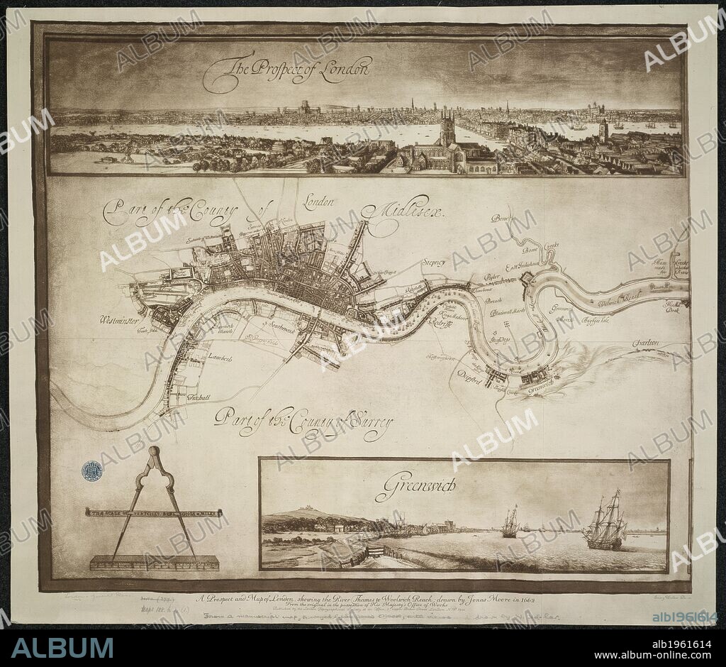 WENCESLAUS HOLLAR and JONAS MOORE. A Prospect of London. A Mapp or Description of the River of Thames from. A prospect and map of London, showing the River Thames to Woolwich Reach. Image taken from: A Mapp or Description of the River of Thames from Westminster to the Sea ... made by Jonas Moore ... by Warrant from Sr. Charles Harbord Knt. his ... Maties Surveyor Generall, in pursuance of his Maties Warrant ... 1662. [Showing a plan of London and bearing, inset, views of London, Greenwich, Woolwich, Erith and Gravesend, drawn in colours by W. Hollar.] The scale of ... miles, 2[ = 130 mm]. . Source: Maps.188.h.1.(1). Language: English.
